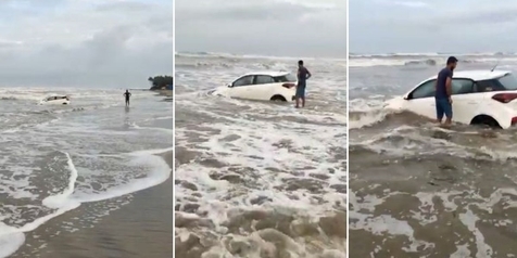 Banyak Tingkah Coba Berkendara di Pantai, Pria Ini Hanya Pasrah saat Mobilnya Ditelan Ombak