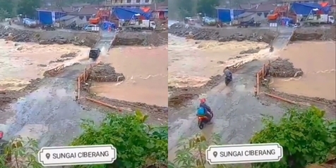 Bikin Deg-degan, Para Pengendara Nekat Melewati Jembatan yang Terputus Diterjang Arus Sungai