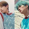 Terakhir ada V BTS dan Minhyuk Monsta X yang sama-sama mengenakan vest sweater biru dari brand Freiknock dalam sesi photoshoot. So cool!