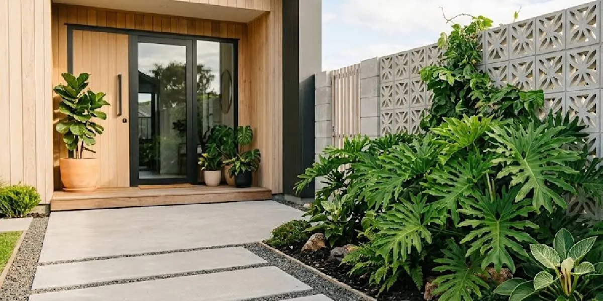 Modern Rioster 6 Inspirasi Halaman Rumah dengan Roster Beton dan Philodendron, Bikin ...