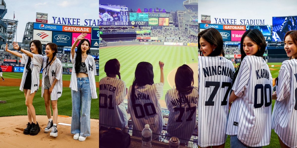 10 Photos of aespa Throwing the First Pitch at the New York Yankees Game, Beautiful Angels on the Field in Baseball Jerseys