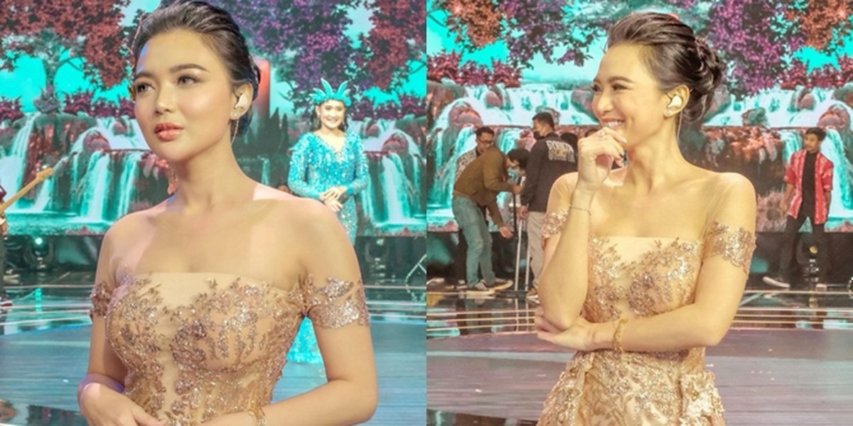 6 Portraits of Wika Salim Looking Gorgeous in a Golden Nude Dress, Super Glamorous with High Slit - Showing Glowing Skin