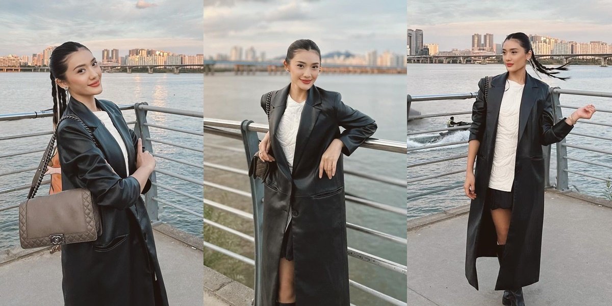 7 Portraits of Anissa Aziza in a Black Leather Jacket in South Korea, Stylish and Elegant Enjoying the Han River