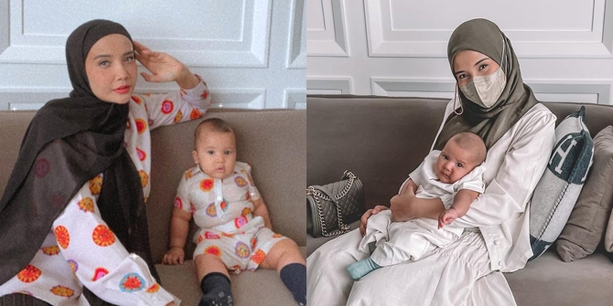 7 Pictures of Baby Ukkasya Wearing Couple Outfit with Zaskia Sungkar, Super Adorable in All-White-Orange - His Belly Looks Like a Burger