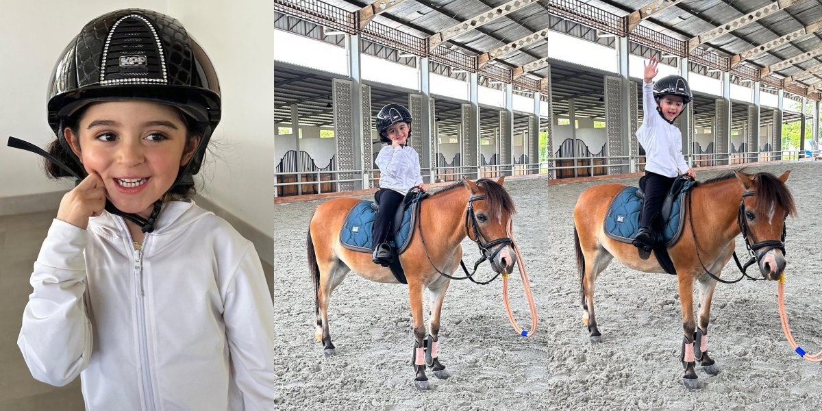 7 Photos of Guzel, Margin Wieheerm's Daughter, Riding a Horse, Adorable in Her Mother's Oversized Helmet - Naturally Blushing Cheeks Become the Highlight