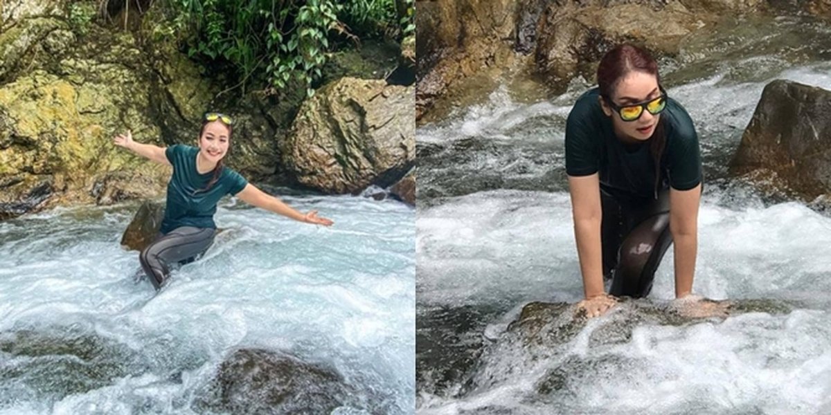 7 Portraits of Irene Librawati, Star of the Soap Opera 'NALURI HATI', Enjoying a Vacation in the Open Nature, Having Fun Getting Wet at the Waterfall