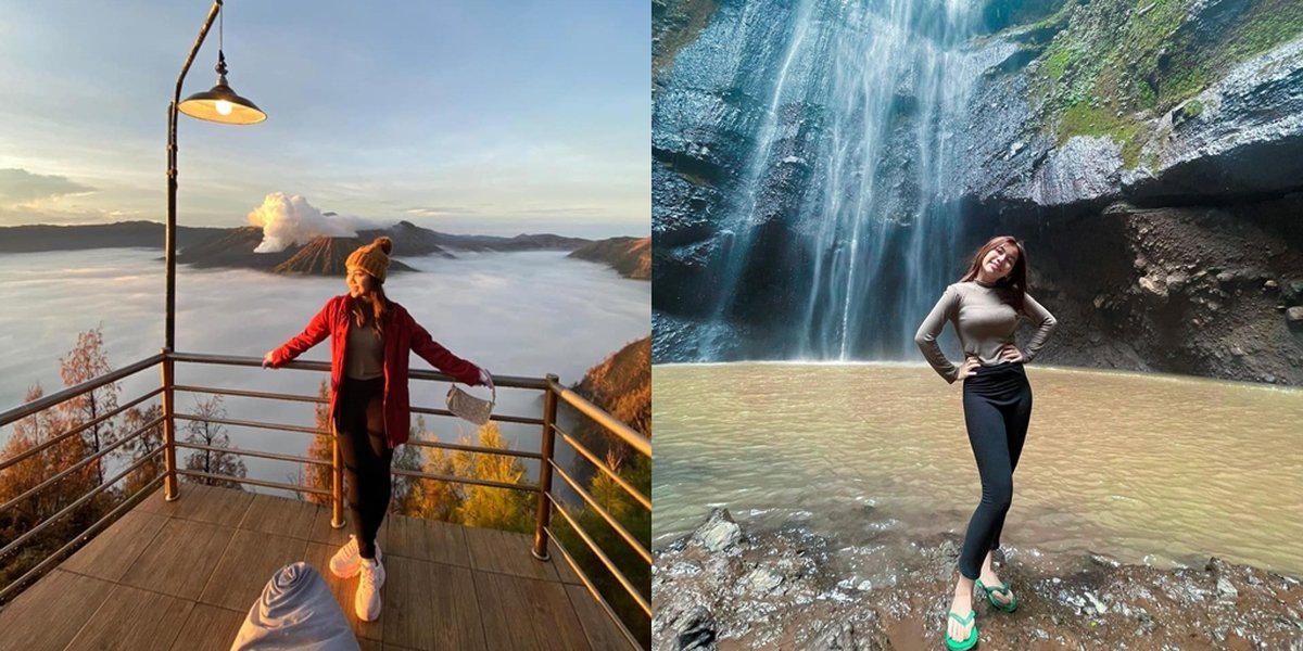 7 Cool Photos of Frislly Herlind in Bromo and Madakaripura, Playing at the Waterfall Using Flip Flops