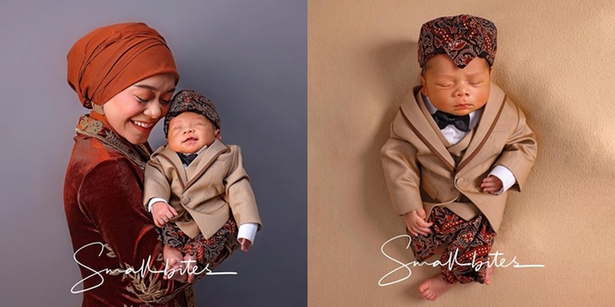 7 Portraits of Newborn Photoshoot Baby Leslar, Lesti's Child, Adorably Cute with Sundanese Theme - Showing Sweet Smile in Mother's Embrace