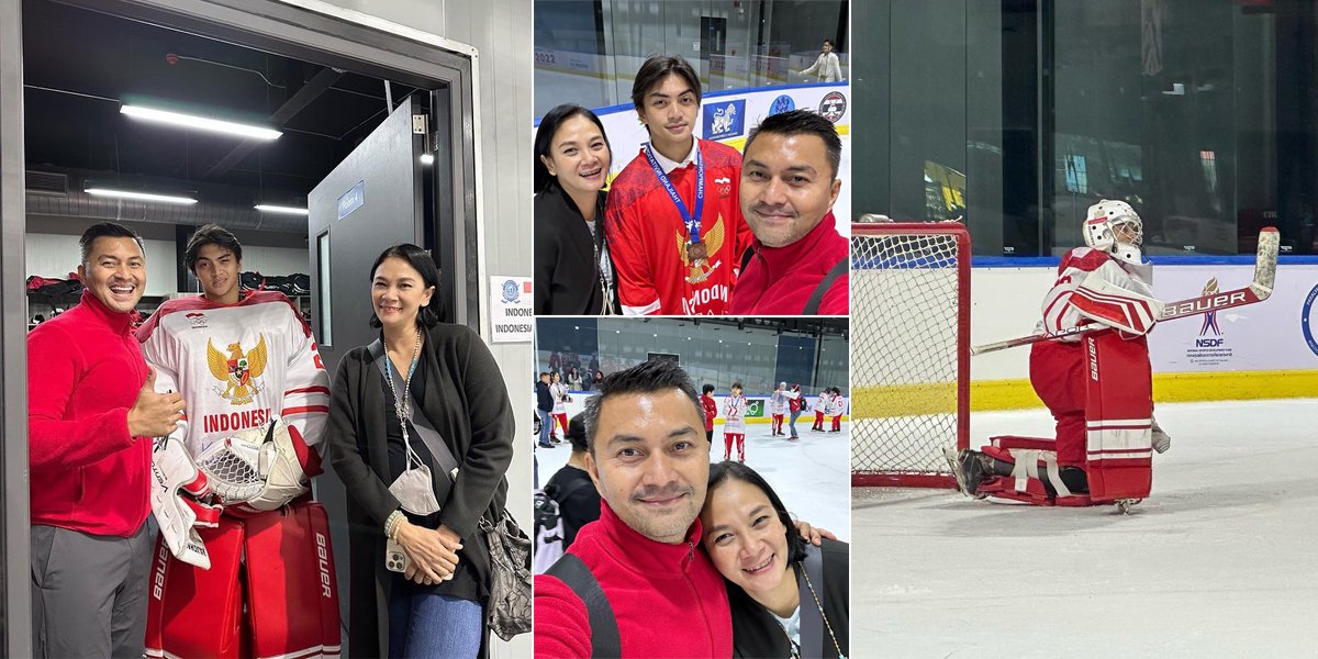8 Portraits of Anjasmara and Dian Nitami Accompanying and Supporting Their Handsome Son Participating in the Ice Hockey Championship Representing the Indonesian National Team