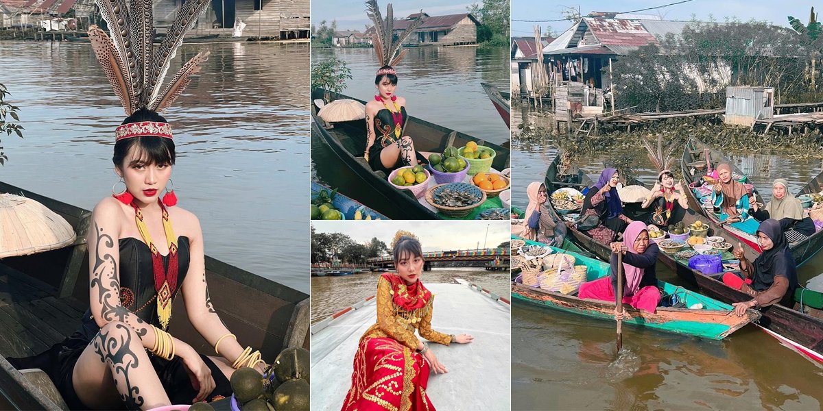 8 Beautiful Portraits of Ghea Indrawari Wearing Dayak Traditional Costume and Fake Tattoos at the Floating Market in Banjarmasin, Flooded with Praises from Netizens