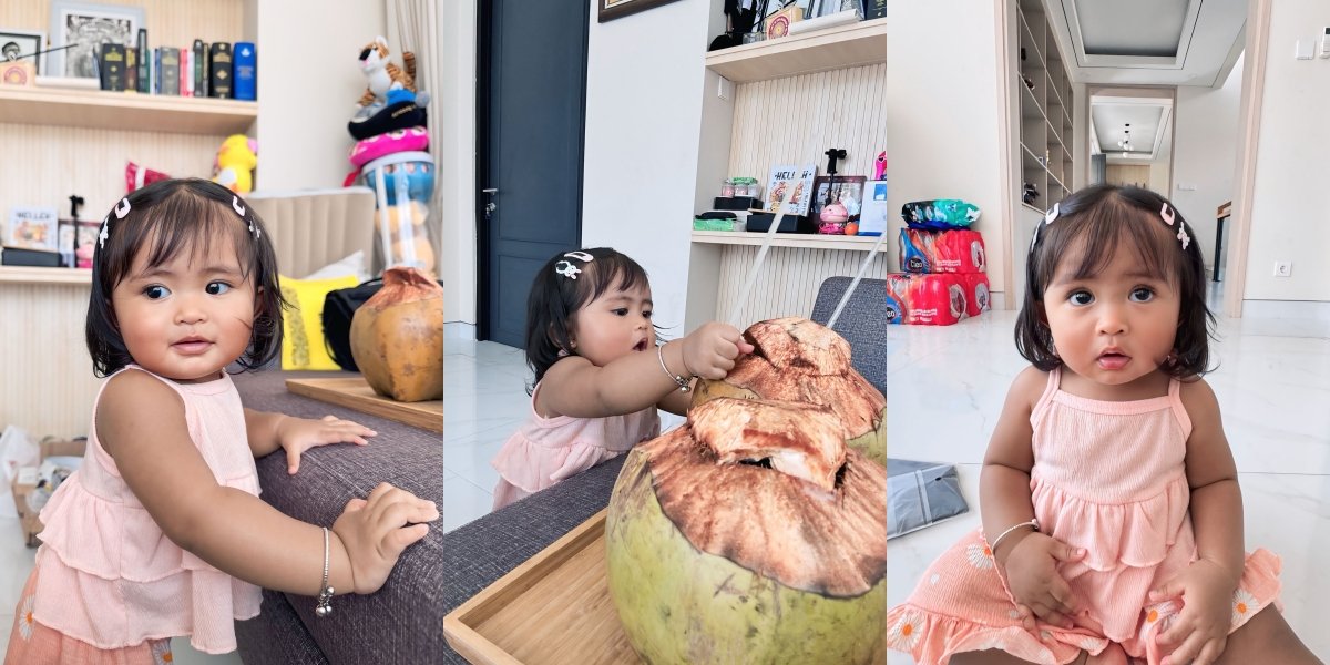 8 Photos of Dek Cunda, Denny Caknan's Child, Caught Trying to Sip Young Coconut, So Adorable as She Begins to Learn to Stand