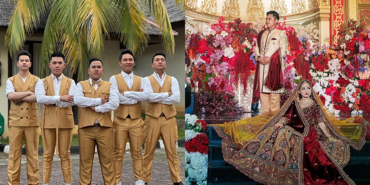 8 Handsome 'Prince' Portraits at the Wedding of Putri Isnari, Ical Majene, and Dr. Iqhbal Wearing Gold Costumes and Traditional Indian Clothes