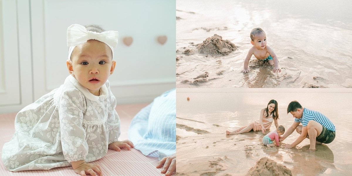 8 Pictures of Funny Baby Claire as a Beach Child, Playing Sand Together with Shandy Aulia and David Herbowo