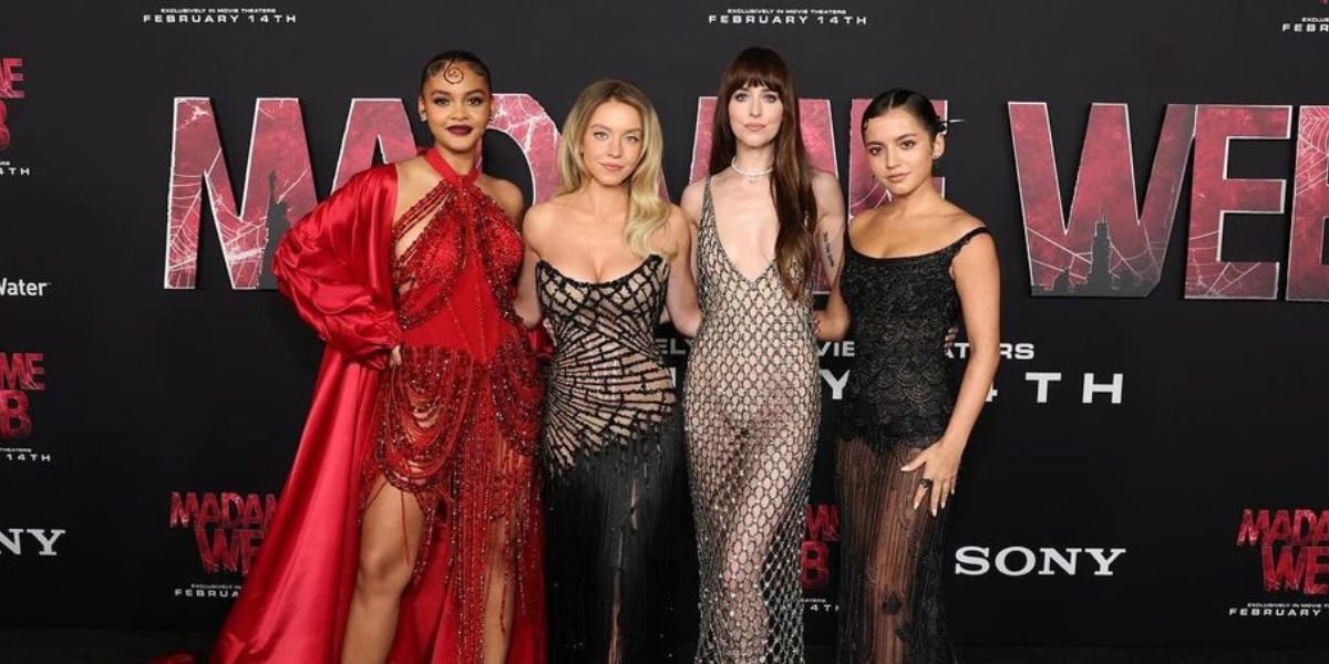 8 Stunning Portraits of 'MADAME WEB' Cast on the Red Carpet, Wearing Spider-Man Themed Dresses with a World Background