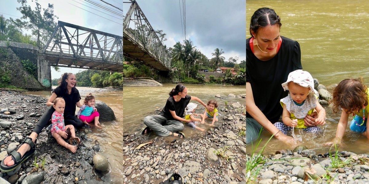 8 Portraits of Nadine Chandrawinata Taking Djiwa and Djala to Play in the River, Sand, and Water, Occasionally Getting Water in Their Mouths While Learning About Nature