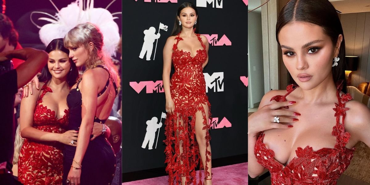 8 Portraits of Selena Gomez at MTV VMAS 2023, Looking Elegant in a Red Beaded Dress by Oscar de La Renta