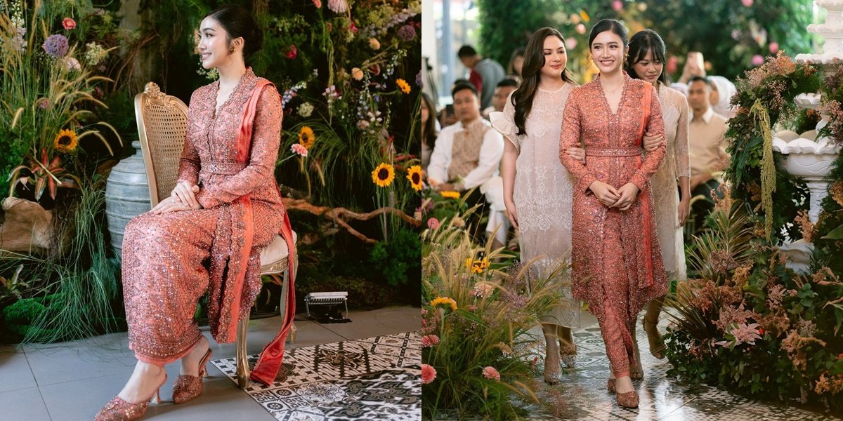 9 Photos of Febby Rastanty Wearing a Songket Fabric Kebaya from Palembang During Her Engagement, Beautiful in Coral Color