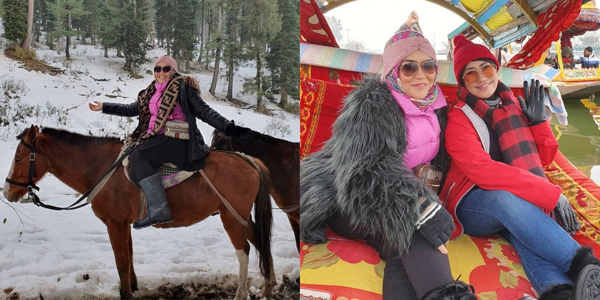 9 Portraits of Ayu Ting Ting's Mother Vacationing in Kashmir, Enjoying the Snow while Horseback Riding