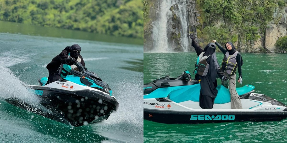 Proving that the veil and Sharia-compliant clothing are not obstacles, here are 7 photos of Umi Pipik speeding on a jetski at Lake Toba