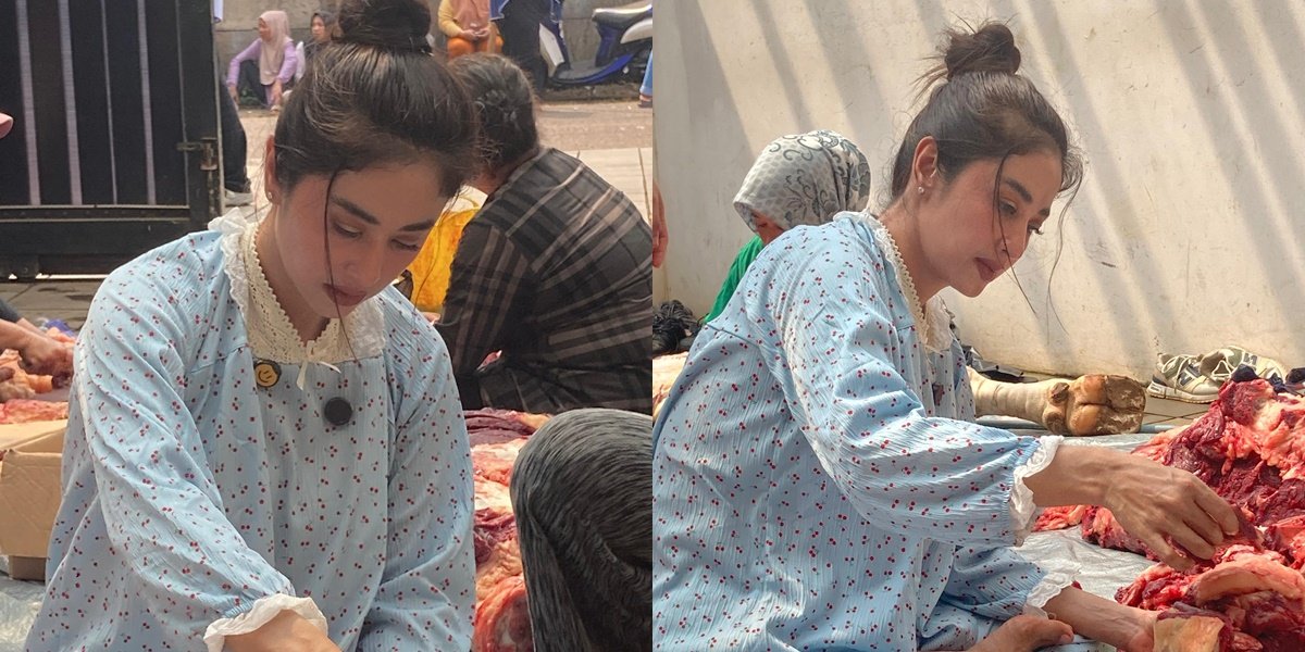 Beautiful in Pajamas, Photos of Dewi Perssik While Cutting and Weighing Sacrificial Meat