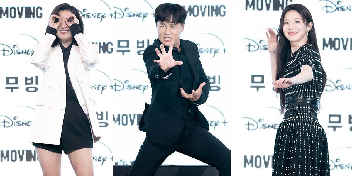 Lineup of Korean Artists on the Blue Carpet of the 'MOVING' Drama Press Conference, Showing Cute Superhero Poses