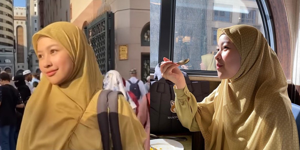 Aquene, the child of Sultan Djorghi and Annisa Trihapsari, wearing a Syar'i Hijab during Umrah, looks even more beautiful with adorable cheeks