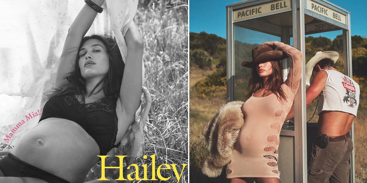 Maternity Shoot Beautiful Pregnant Hailey Bieber, Showcasing Bare Baby Bump - Body Remains Slim