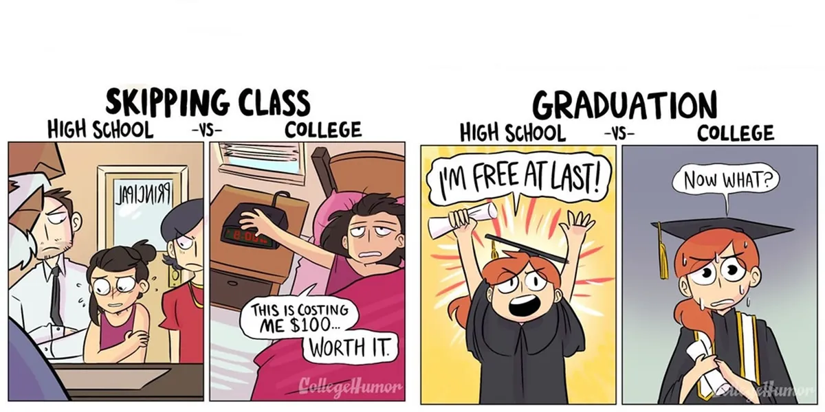 Meme Ilustrasi Perbandingan Zaman Sekolah & Kuliah, Bener Nggak