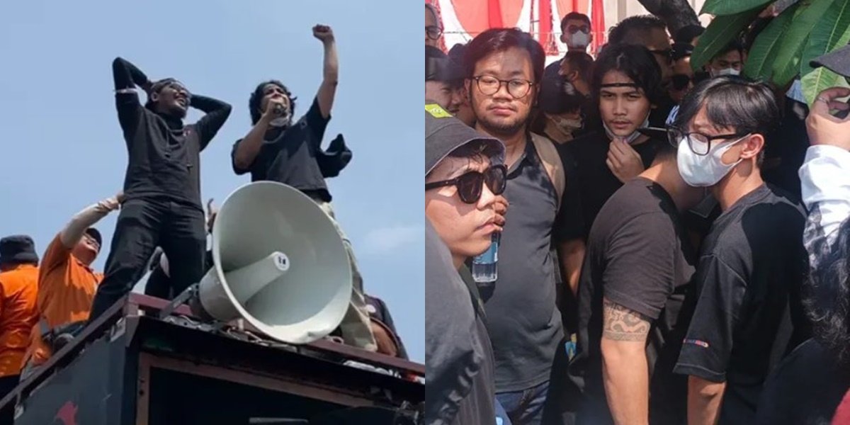 Portrait of Bintang Emon to Arie Kriting Joining the Demo in Front of the DPR Building, Singing the Song 'Agak Laen'