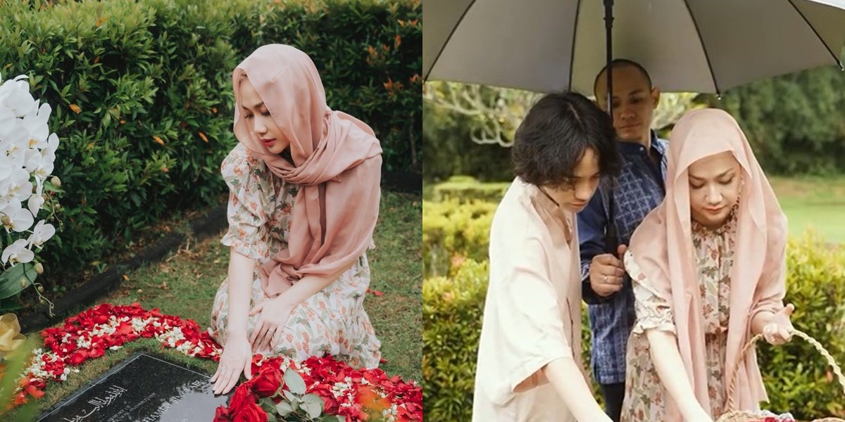 Portrait of Bunga Citra Lestari Visiting Ashraf Sinclair's Grave with Her Child and Husband, Still Shedding Tears