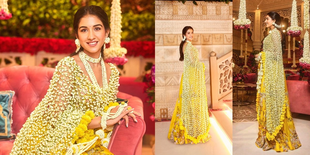 Beautiful Portrait of Radhika Merchant, the New Daughter-in-Law of Crazy Rich India at the Haldi Ceremony, Wearing a Dupatta of Real Flowers