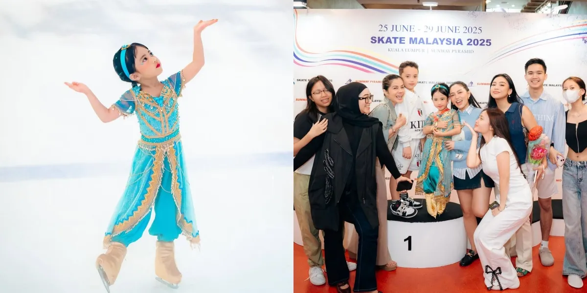 Portrait of Chava, Rachel Vennya's Child, Competing in the Ice Skating Competition 2025 in Malaysia, Looking Beautiful and Adorable in a Jasmine Costume