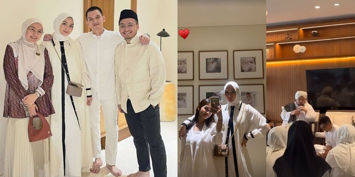 Portrait of Citra Kirana and Rezky Aditya Holding Religious Gathering Before Departing for Hajj, Accompanied by Tears of Emotion