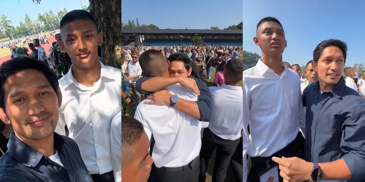 Portrait of Ibnu Jamil Emotionally Embracing His Child Who Passed the Military Academy, Together with His Ex-Wife