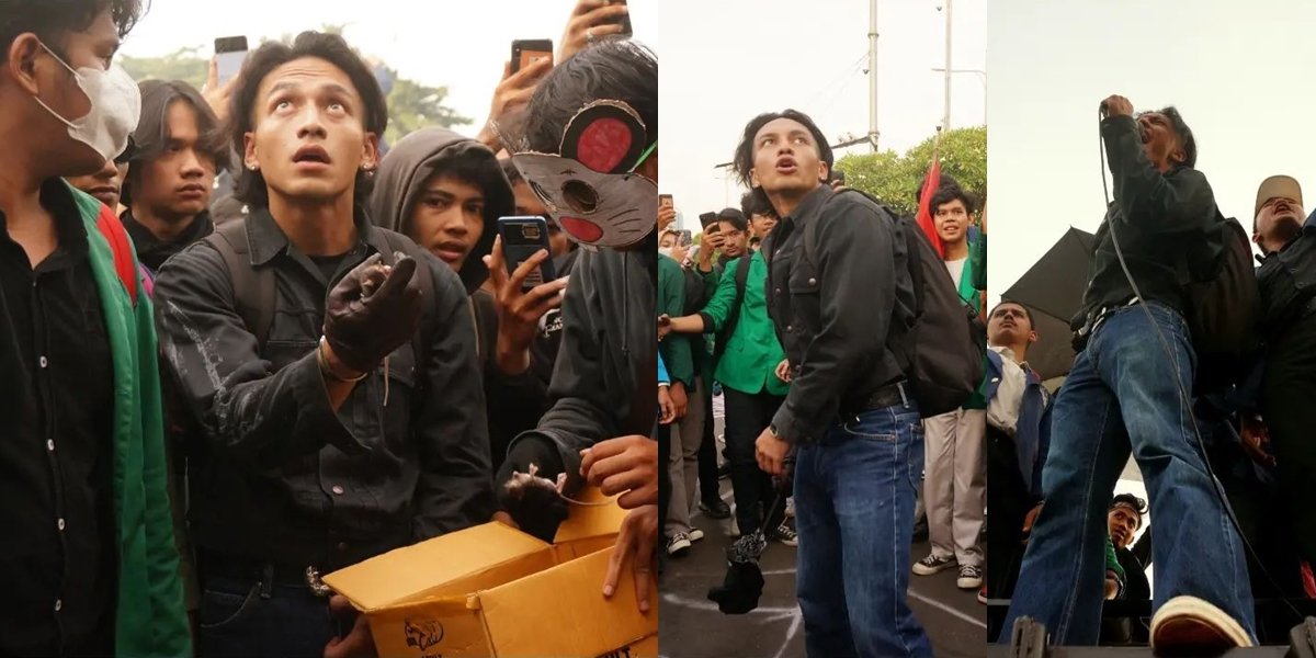 Portrait of Jefri Nichol Joining Demonstration Rejecting the Job Creation Law, Throwing Rat and Umbrella at the Building of Indonesian House of Representatives