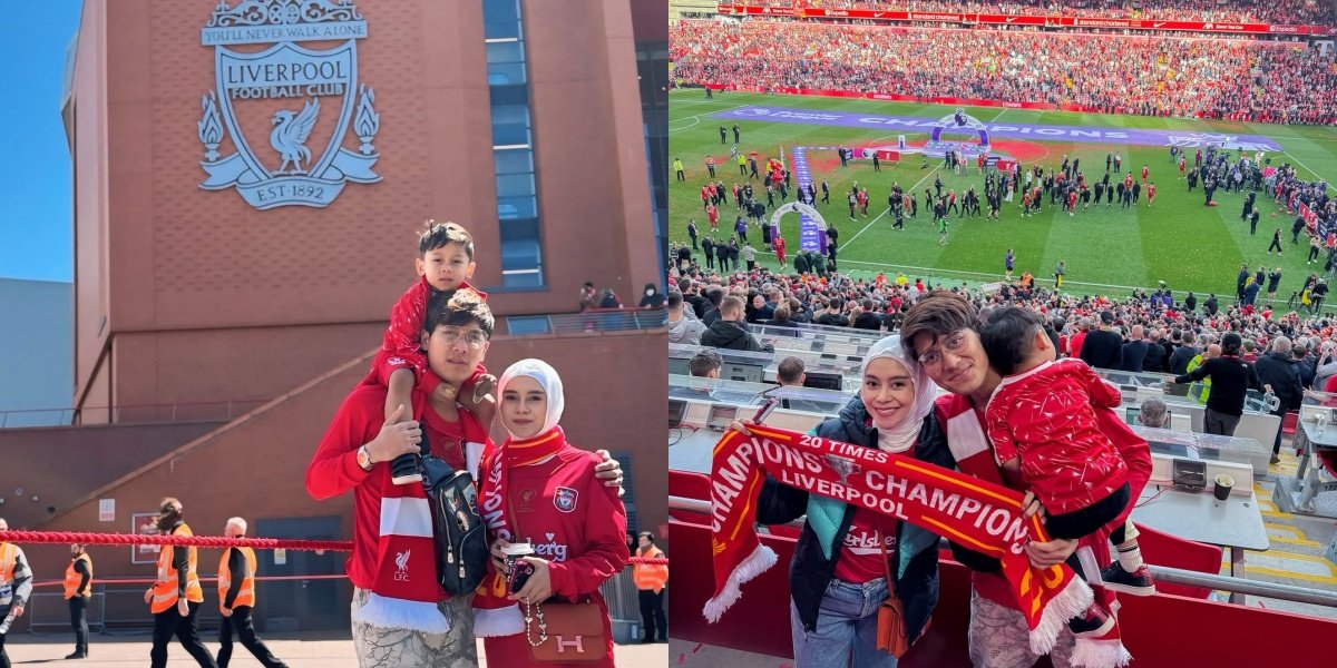 Portrait of Lesti Kejora Watching a Liverpool Match with Her Husband, Both Dressed in Red Jerseys