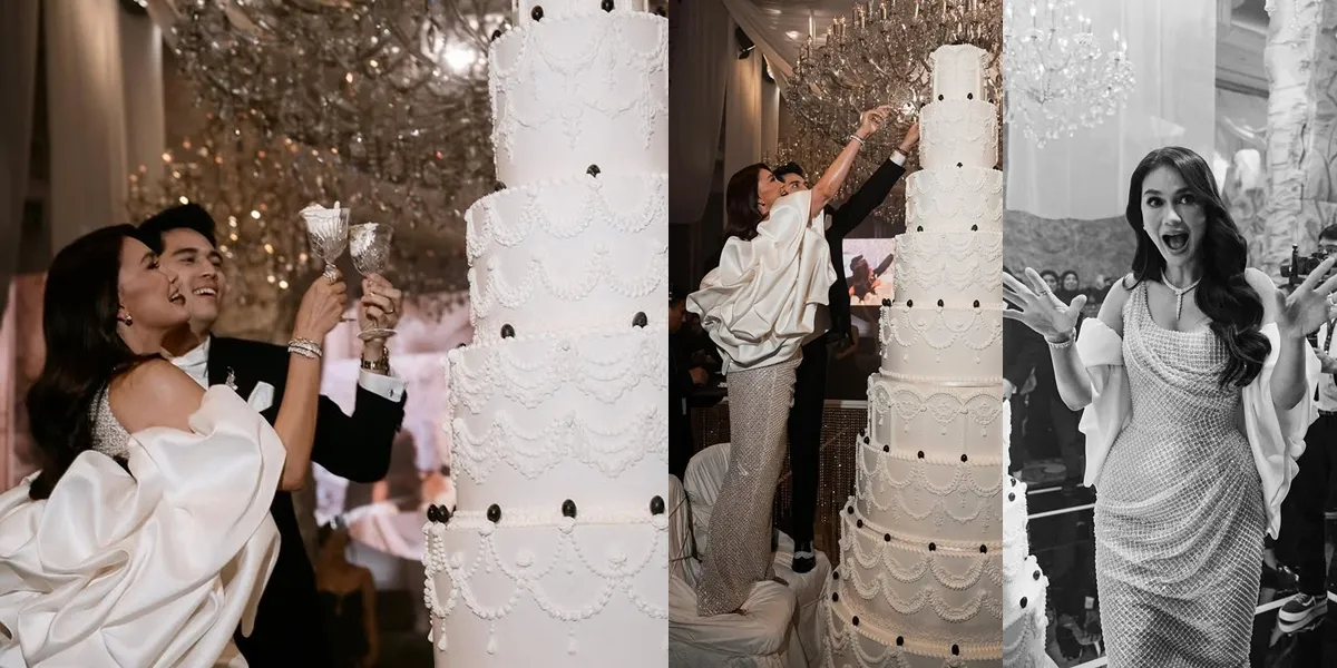 Portrait of Luna Maya and Maxime Bouttier Climbing on a Chair to Cut the 9-Tier Wedding Cake, Full of Laughter