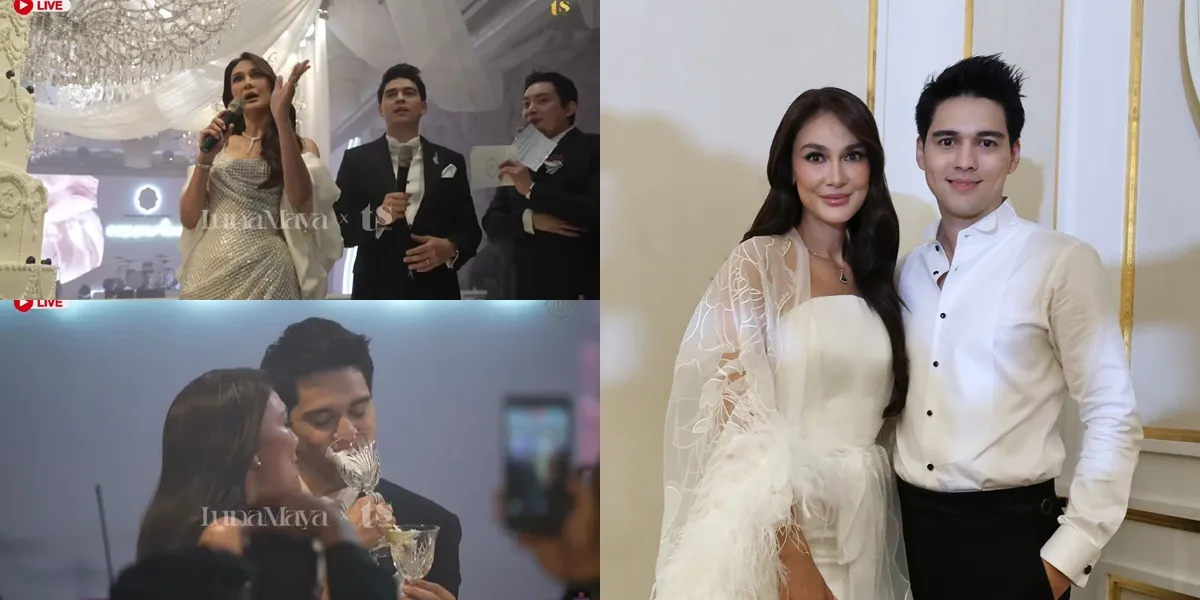 Portrait of Luna Maya and Maxime Bouttier Cutting the Wedding Cake at the Jakarta Reception, Feeding Each Other Lovingly