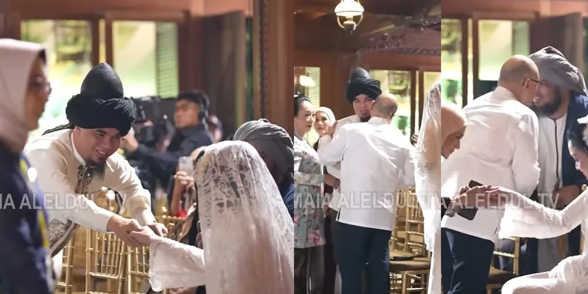 Portrait of Maia Estianty Shaking Hands with Ahmad Dhani and Mulan Jameela at Al Ghazali's Wedding Recitation