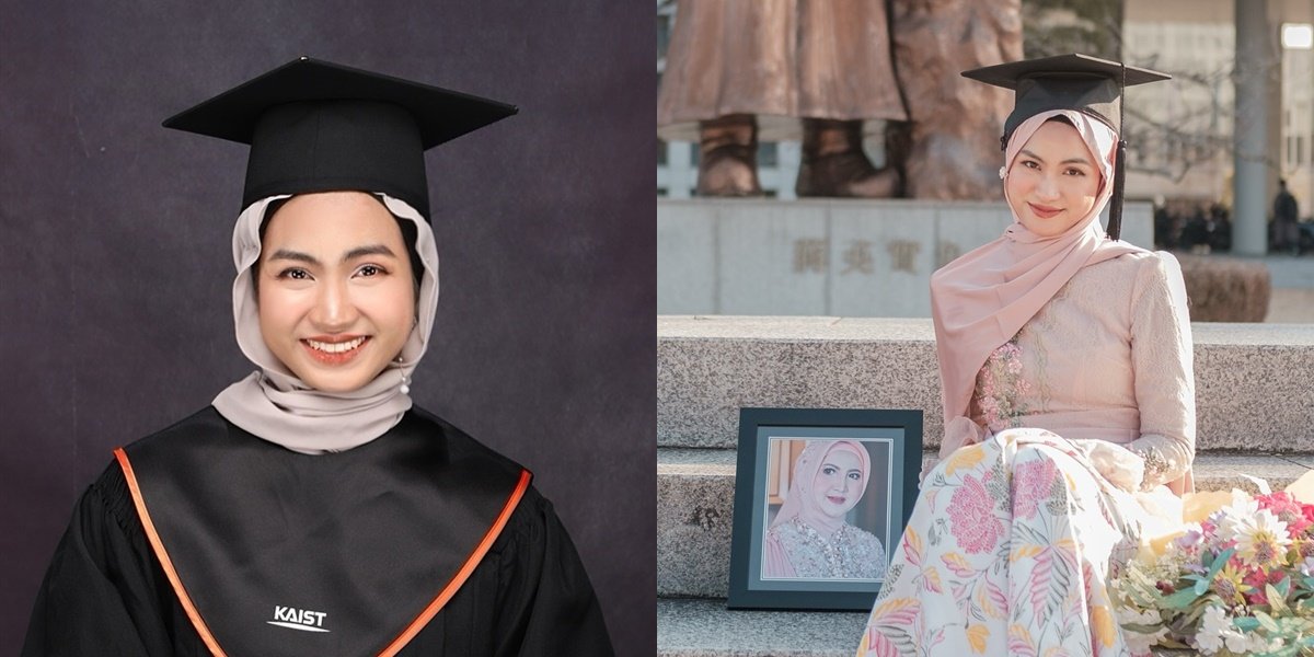 Portrait of Xaviera Putri's Graduation Moment at KAIST, Accompanied by Family and Holding a Photo of Her Late Mother