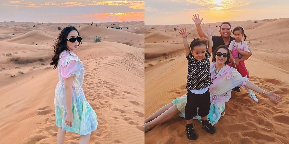Portrait of Momo Geisha with Husband and Children Posing in the Dubai Desert, Some are Focused on the Feet