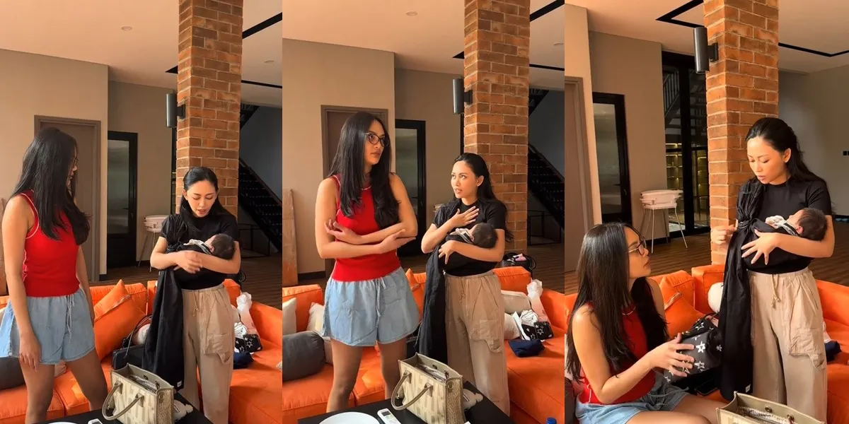 Portrait of Rachel Vennya Teaching Erika Carlina to Carry Baby Andrew Until She Feels Touched