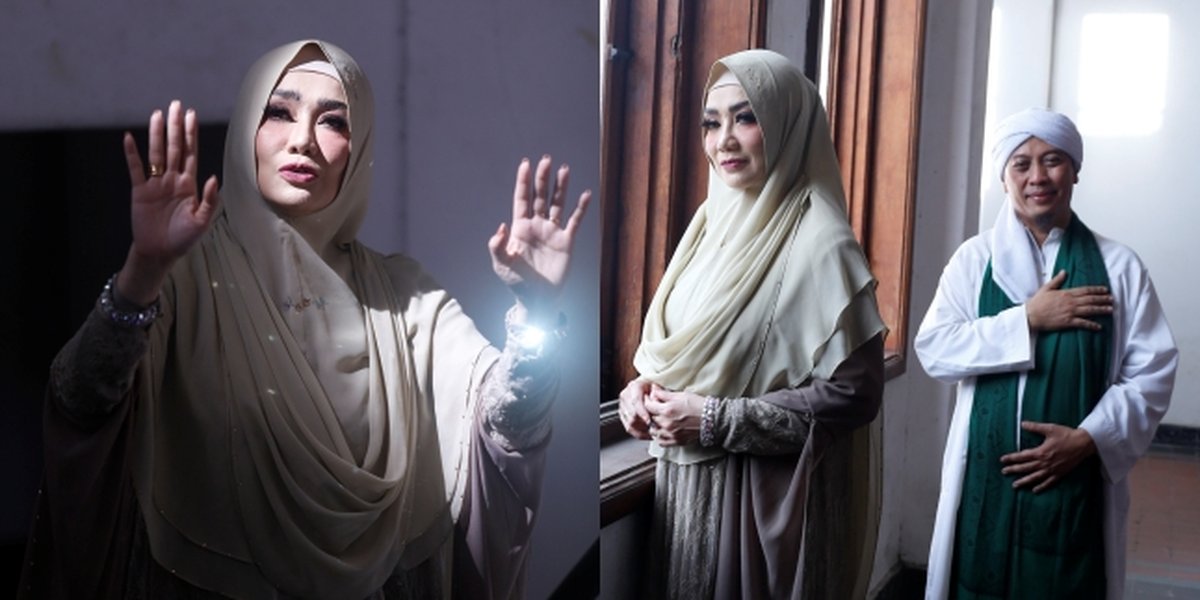 Portrait of Reza Artamevia Shooting Music Video with Opick, Beautifully Soothing in a Long Hijab