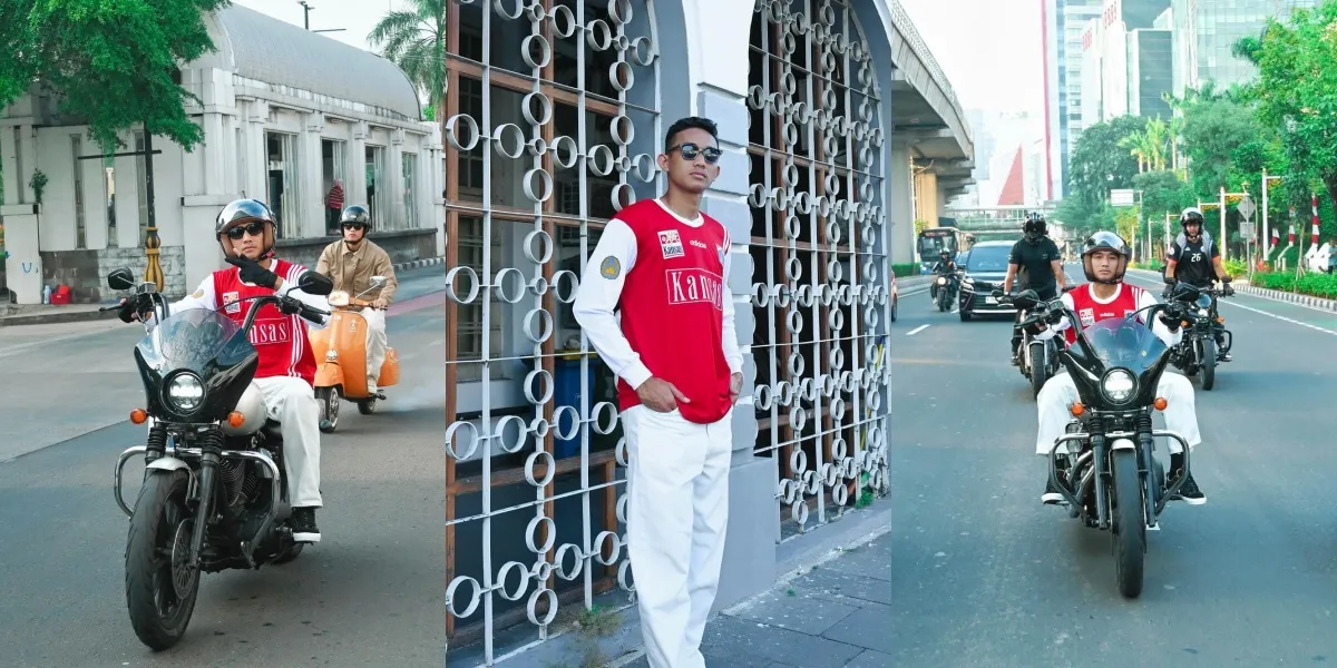 Portrait of Rizky Ridho Riding a Big Bike Wearing a Retro Jersey from Persija Jakarta, Very Cool