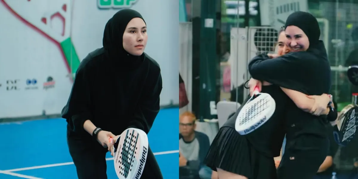 Portrait of Syahnaz Playing Padel with Nabila Syakieb, Looking Beautiful in Hijab and Sporty