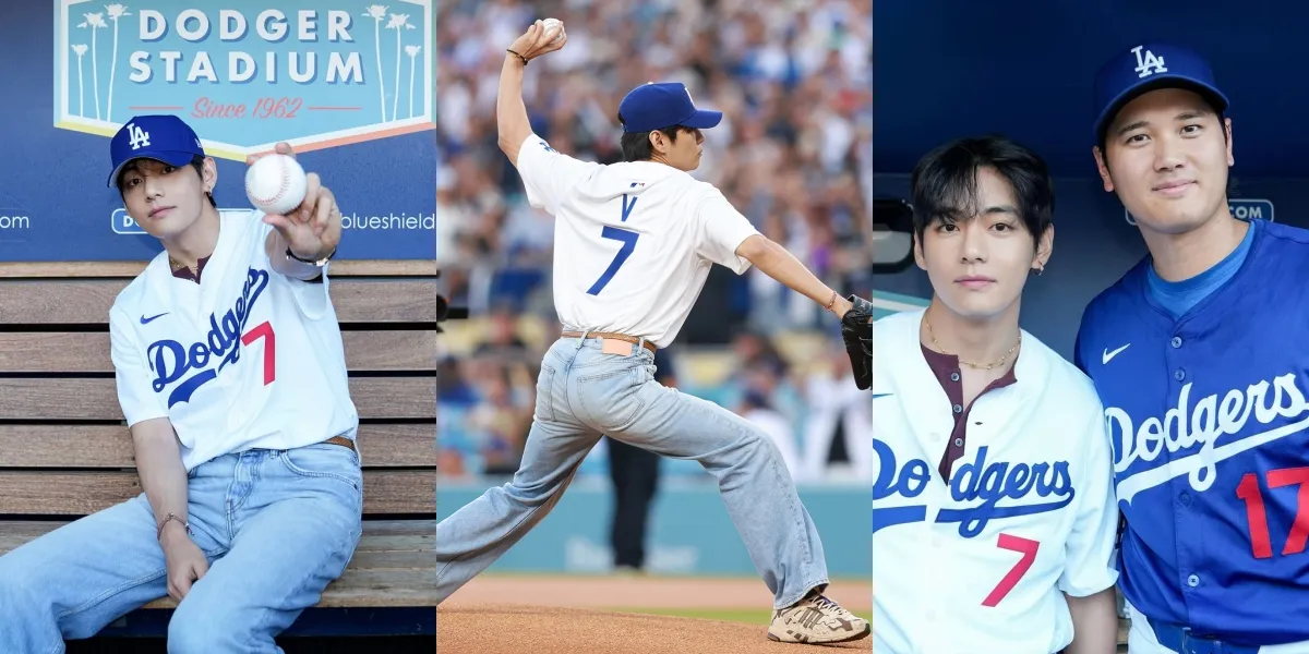 Portrait of V BTS Throwing Ceremonial Pitch at Dodger Stadium, Very Handsome with Shohei Ohtani