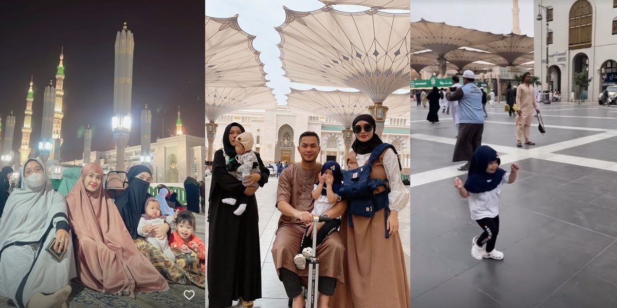 Portrait of Zaskia Gotik Performing Umrah with Husband & Two Daughters, Arsila Having Fun with Birds at the Prophet's Mosque