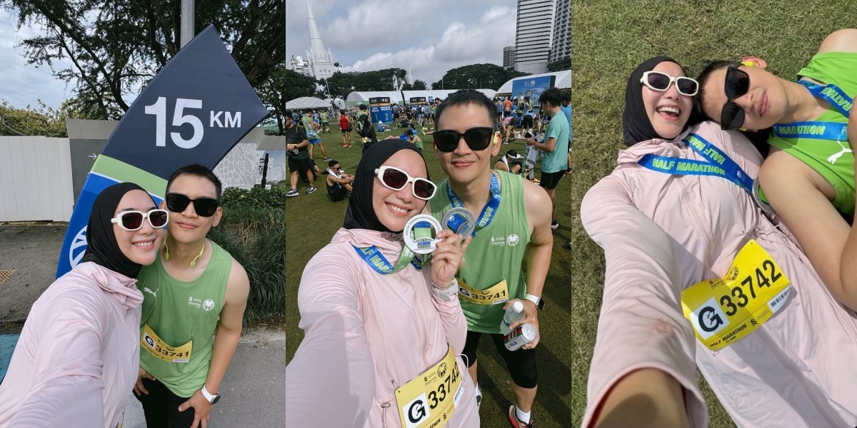 Celebrating the 5th Anniversary, 8 Photos of Citra Kirana and Rezky Aditya Participating in the Half Marathon in Singapore - Romantic Running While Holding Hands