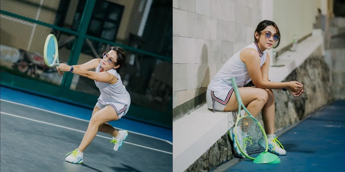 A Series of Photos of Dinda Kirana Playing Tennis, Looking Sporty and Cool with a Green Racket