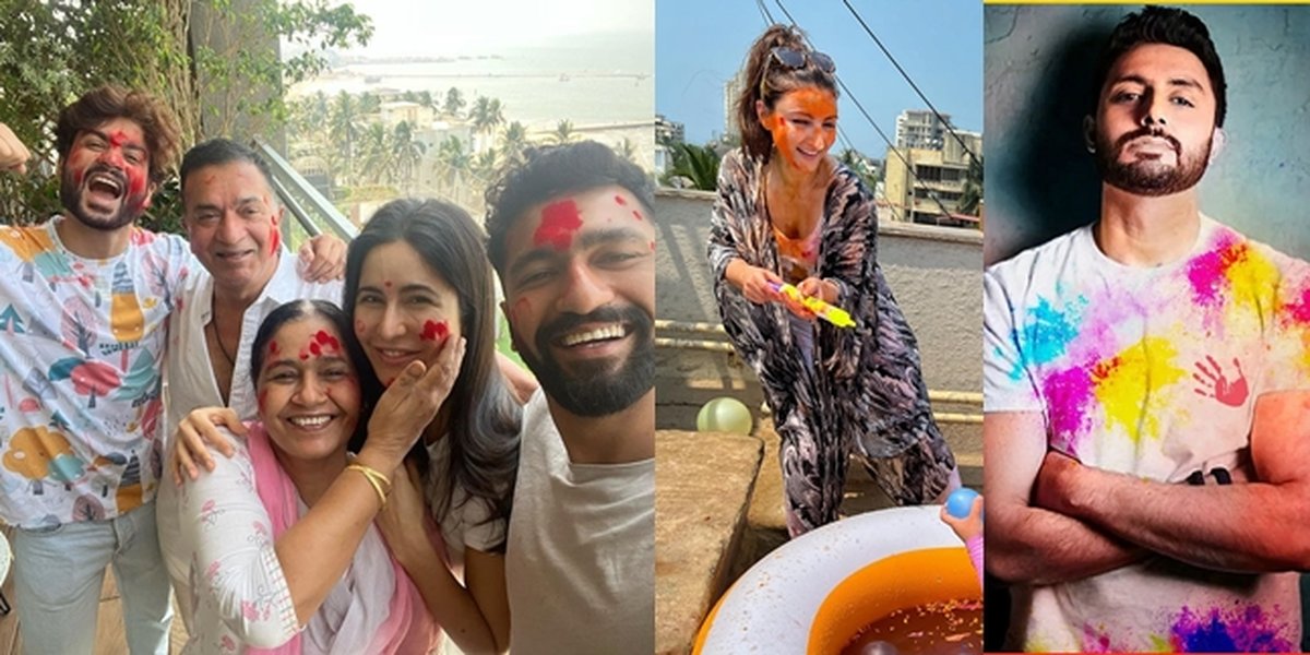 A Series of Portraits of Bollywood Celebrities' Holi Celebration, Highlighting Katrina Kaif and Mother-in-law's Pose